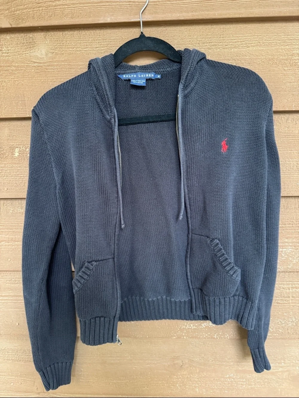 Ralph Lauren Black Big Kids Knit Zip Hoodie with Red Polo Pony size Medium